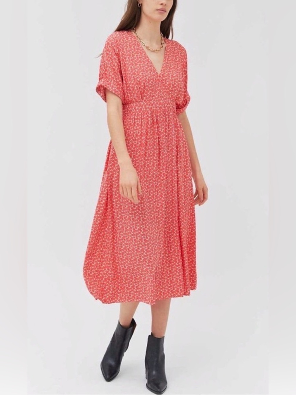 Urban Outfitters Gabrielle Woven Dobby Midi Wrap Dress Red Pink Floral Ditsy XS